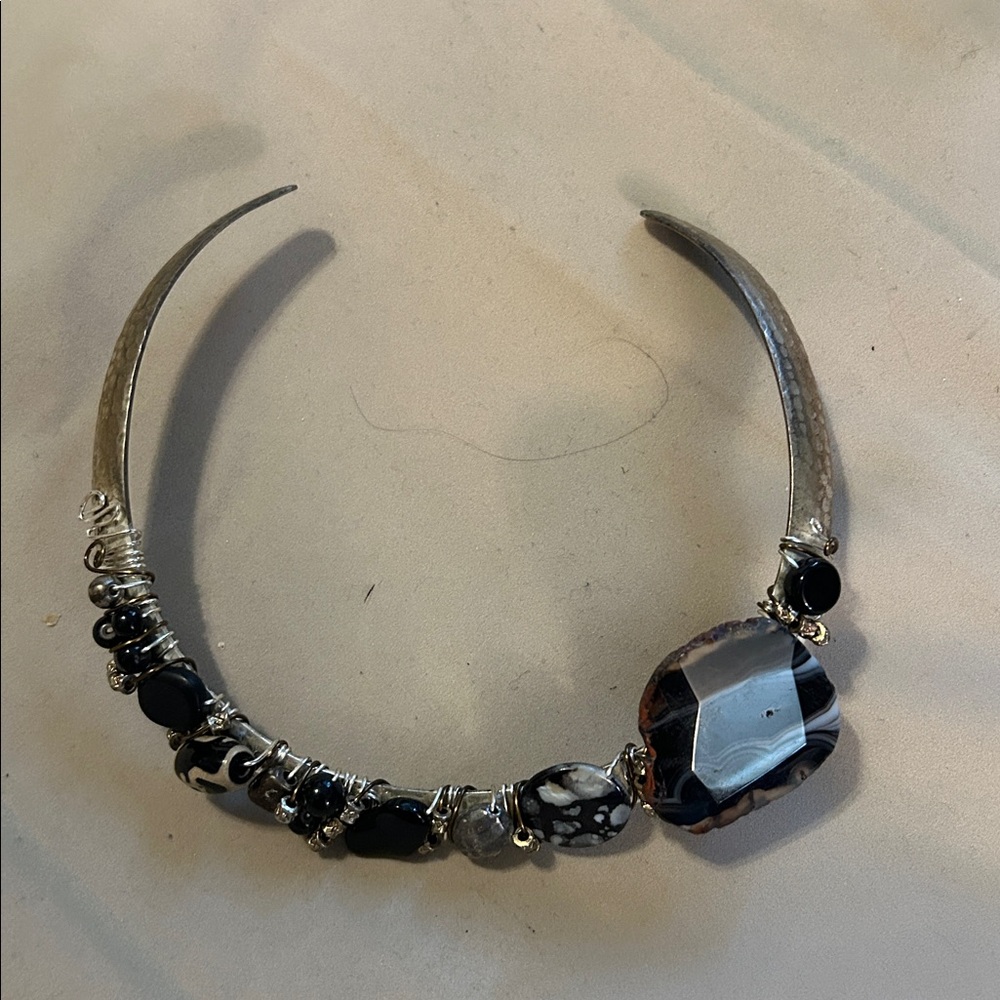 Silver and Black Beaded Stone Choker Necklace